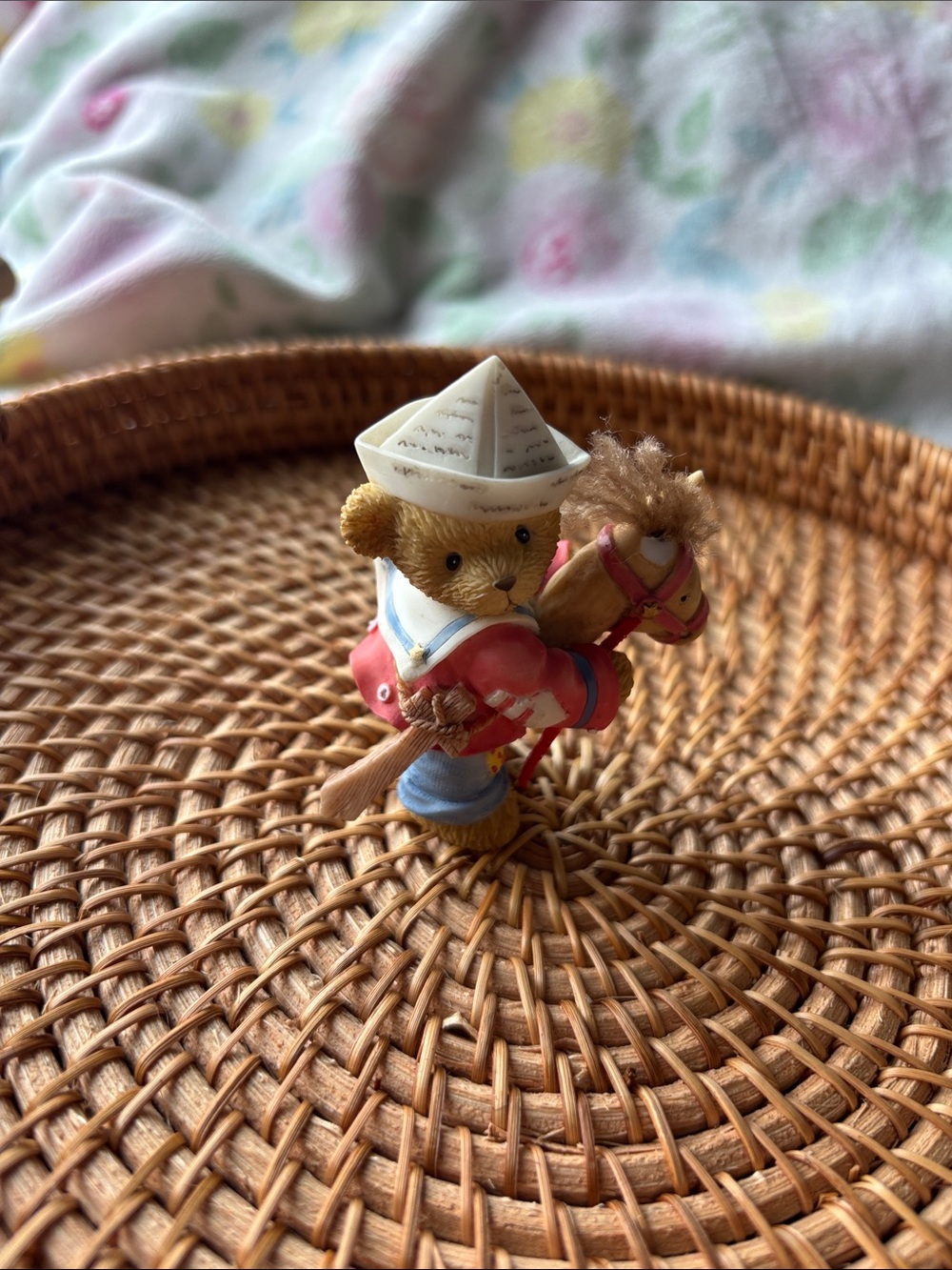 Cherished Teddies Bear with Hobby Horse in Red Jacket and Blue Pants